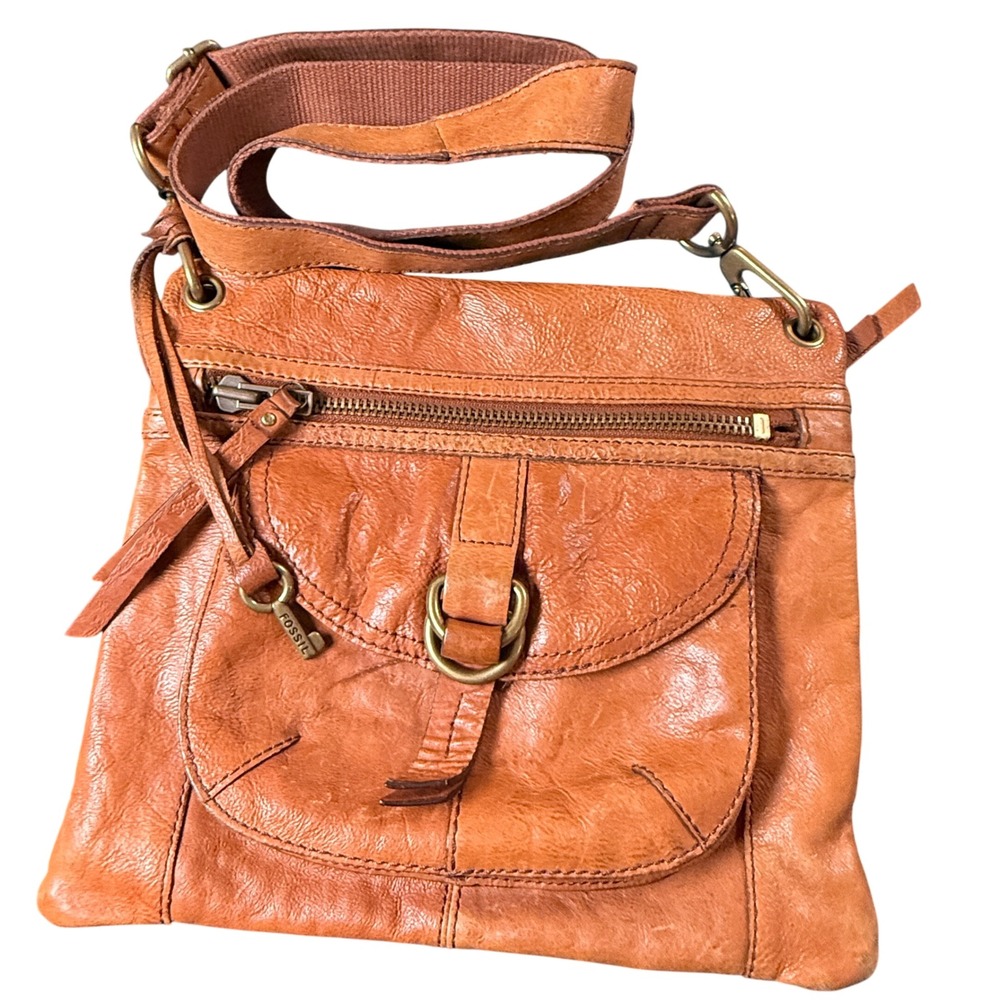 Fossil Brown Leather Crossbody Bag Flap Pocket Key‎ Charm Adjustable Strap